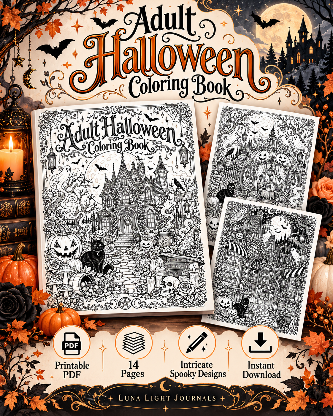 Adult Halloween Coloring Book | Intricate Spooky Coloring Pages | Haunted Houses, Ghosts, Pumpkins & Cats | Printable PDF